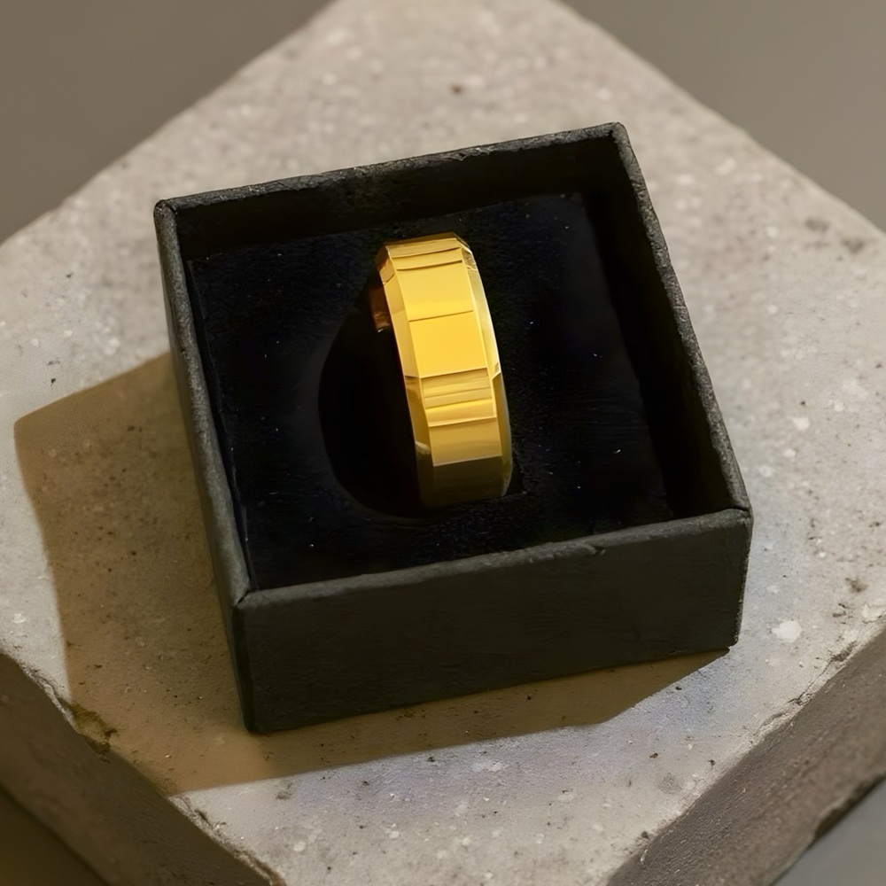 Gold Polished Stainless Steel Beveled Band Ring